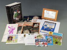 A collection of Gordon Banks memorabilia, seven signed football and dinner programmes including