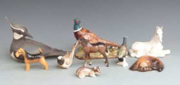 Beswick pheasant, Airedale dog, foal etc Goebel & Lomonosov figures, Helmsdale pottery lapwing etc