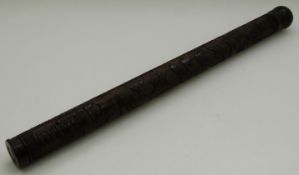 19th/20thC Chinese carved rosewood scroll holder with decoration of birds in flight and turned screw