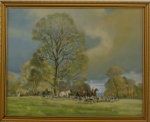 Oil on board hunt in a parkland landscape, in the manner of Munnings, 47 x 60cm