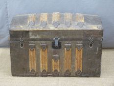 A 19thc ash and metal bound domed trunk W77x D42 x H48cm