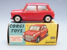 Corgi Toys diecast model Austin Seven with red body and lemon interior, 225, in original box.