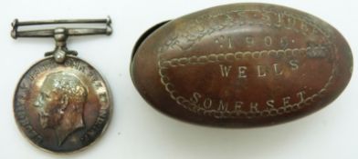 British Army WWI medal named to 269530 Dvr W Cottle, RA and a brass trench art snuff box Thomas