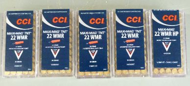 Two-hundred-and-fifty CCI Maxi-Mag .22 WMR HP rifle cartridges, all sealed in original boxes. PLEASE
