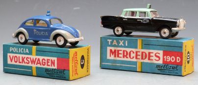 Two Metosul diecast model cars Police Volkswagen 5 and Mercedes-Benz 190D, both in original boxes.