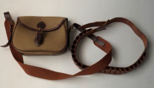 Canvas and leather shotgun cartridge bag and brown leather 12 bore cartridge belt.