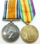 British Army WWI medals comprising War Medal and Victory Medal named to 556295 Pte C Solomons,
