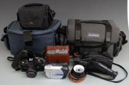 Camera equipment to include Cosina CSR SLR with 50mm f1.7 lens and accessories, Solida 1 and Sony