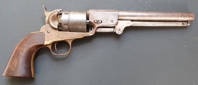 Colt .44 six-shot percussion hammer action revolver with shaped wooden grips, brass frame and 7.25