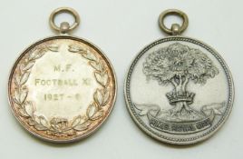 Two hallmarked silver sporting medals, one HMS Royal Oak with tree emblem, the other engraved MF