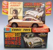 Corgi Toys diecast model James Bond 007 Aston Martin DB5 with gold body, red interior, spoked hubs