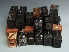 Twenty eight various vintage box cameras including Kodak, Ensign and Houghton-Butcher