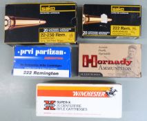 A collection of rifle ammunition comprising 58 .222, 19 .22-250 and 18 .223 rounds, all in