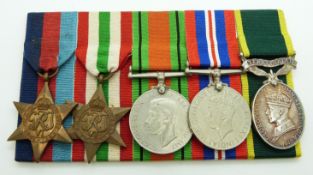 British Army WWII medals comprising 1939/1945 Star, Italy Star, Defence Medal, War Medal and