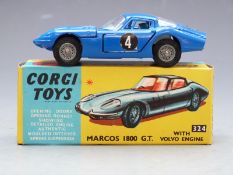 Corgi Marcos 1800 GT with Volvo engine, blue body, driver and racing number 4, 324, in original box.
