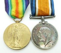 British Army WWI medals comprising War Medal and Victory Medal named to 24840 Pte F Perry,