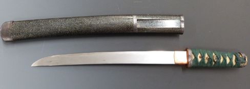 Japanese tanto blade with flecked saya signed Kanesada, length 29.5cm