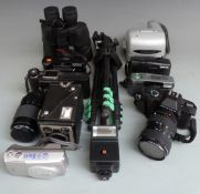 Quantity of cameras and accessories to include Pentax P30 with Takumar 1:3.5-4.5 28-80mm lens, Sigma