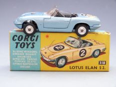 Corgi Toys diecast model Lotus Elan S2 with pale blue body, black interior and racing decals, 318,