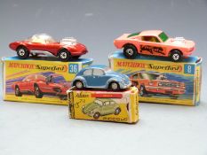 Three diecast model vehicles comprising Schuco Volkswagen Piccolo 712 and Matchbox Superfast 8 and