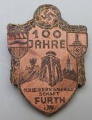 German Nazi Third Reich wooden badge '100 years friends', inscribed 1938 to back