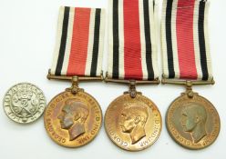 Three Special Constabulary Long Service Medals (George VI) for John T Sanderson, Victor H Bray and