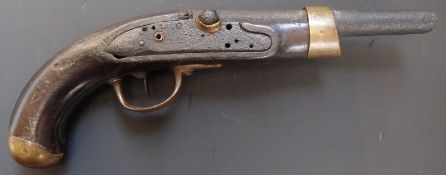 French flintlock converted to percussion pistol with brass trigger guard and butt plate, brass