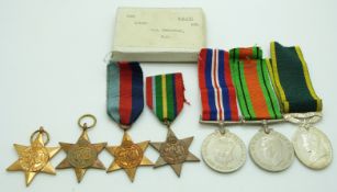 British Army WWII medals comprising 1939/1945 Star, Africa Star, Pacific Star, Atlantic Star,