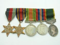 British Army WWII medals comprising 1939/1945 Star, Burma Star, Defence Medal, War Medal and
