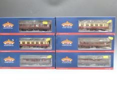 Six Bachmann 00 gauge BR coaches in maroon and crimson & cream, all in original boxes.