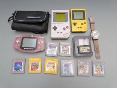Three Nintendo Game Boy games consoles comprising a Game Boy, Game Boy Pocket and Game Boy Advance