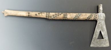 North American Indian 19thC Tomahawk peace pipe axe with stud work decoration purchased by the