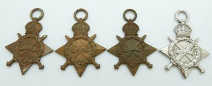 British Army WWI four 1914/1915 Stars named to 21409 Driver J A Brown RFA with copy paperwork,