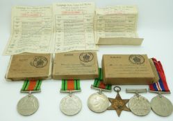 British Forces WWII boxed medals comprising 1939/1945 Star, Defence Medals and War Medal addressed