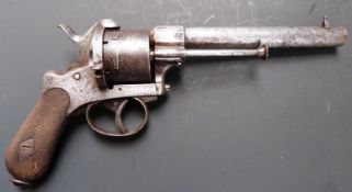 Pinfire six-shot double-action revolver with frame stamped 'E. Lefauchlux Nuf Prevete', chequered