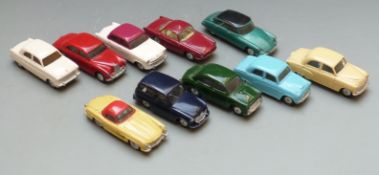 Ten Corgi Toys diecast model vehicles including Mercedes Benz 300 SL Roadster, Morris Cowley,