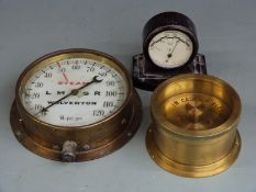 Steam pressure gauge marked LMSR, brass fire alarm 'Break Glass and Push' and a Rototherm bakelite