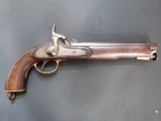 Percussion hammer action pistol with lock stamped 1857 Tower and with crown over VR cypher,