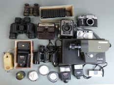 Cameras, binoculars and accessories including Box Brownie, Chinon Concorde cine camera, Zenit 3M,