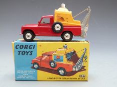 Corgi Toys diecast model Land-Rover Breakdown Truck with red body, yellow cover and silver crane and