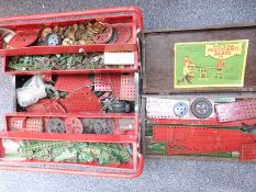 Large quantity of Meccano including pulleys, motors etc in original wooden box with label and a fold
