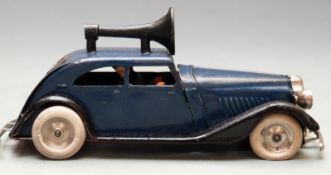 Tri-ang Minic clockwork tinplate Traffic Control Car with blue and black body, loud speaker and