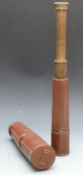 Three draw brass telescope with leather case