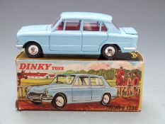Dinky Toys diecast model Triumph 1300 with pale blue body and red interior, 162, in original box.
