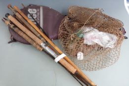 Three unnamed fishing rods, accessories, Prince tennis rackets etc