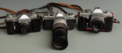 Pentax K1000 SLR camera with Hoya 200mm 1:3.5 lens, Praktica LTL 3, Zenit B etc