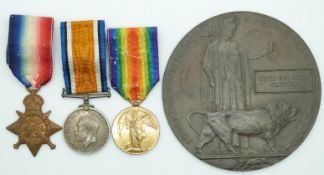 British Army WWI medals comprising 1914 'Mons' Star, War Medal and Victory Medal named to 9579