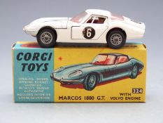 Corgi Marcos 1800 GT with Volvo engine, white body, driver and racing number 4, 324, in original