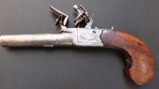 Knubley of London flintlock hammer action pistol with named and engraved lock, shaped wooden grip,