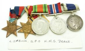 Royal Navy WWII medals comprising 1939/1945 Star, Africa Star, Defence Medal, War Medal and Long